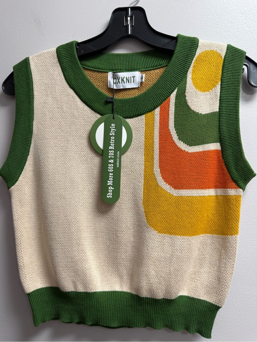 NWT 2-Piece OXKNIT Set - Cream/Green/Orange/Yellow Retro Knit Vest + Skirt Set M - Picture 2 of 15